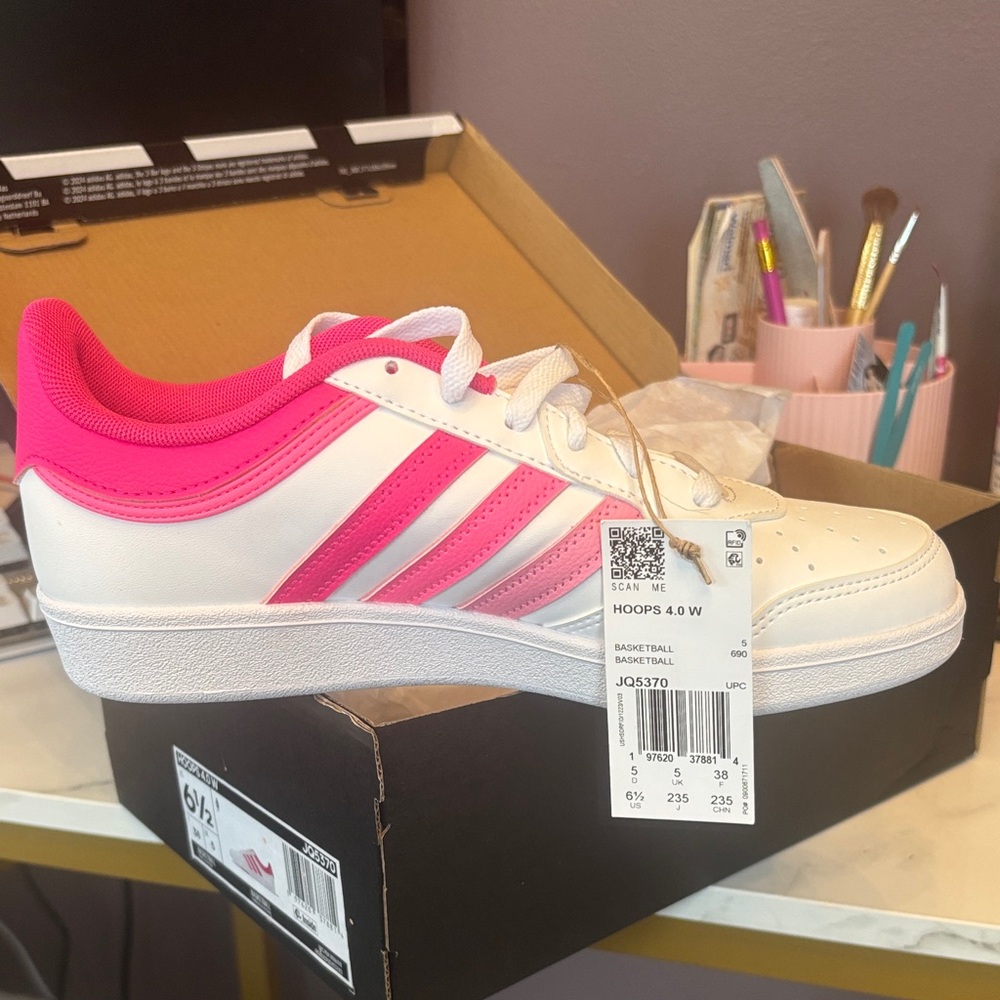 adidas Kids White & Hot Pink Sneakers - Hoops Style